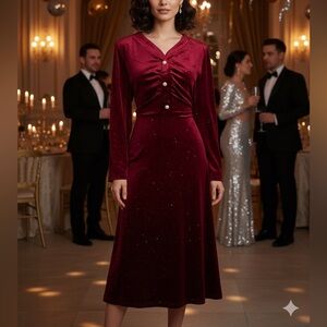 Akivide Burgundy Velvet Sparkle Midi Dress